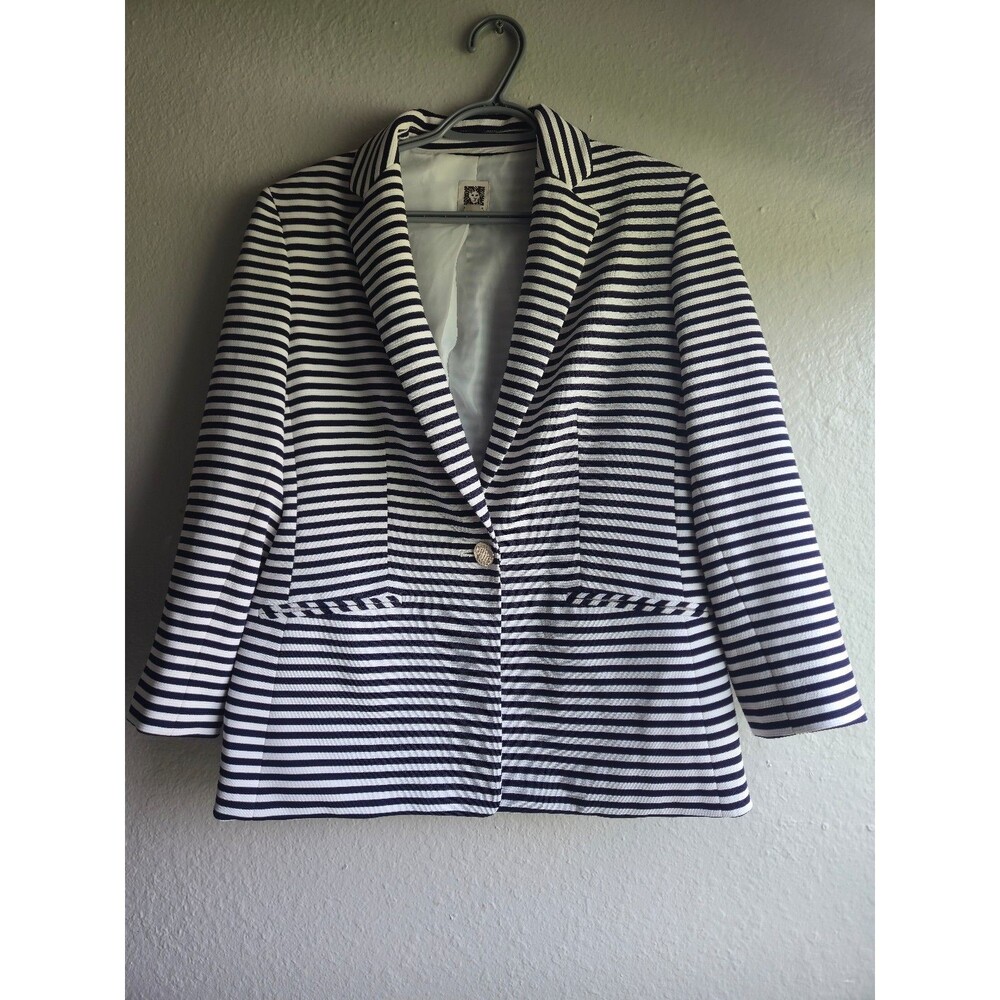 ​Anne Klein Navy Blue White Striped Blazer Jacket M|Marine Nautical Business Cas
